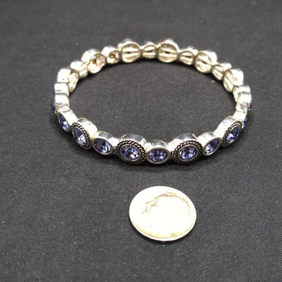 Blue Lavender Rhinestone Silver Tone Stretch Bracelet, 7 1/2 Inches - Picture 7 of 7